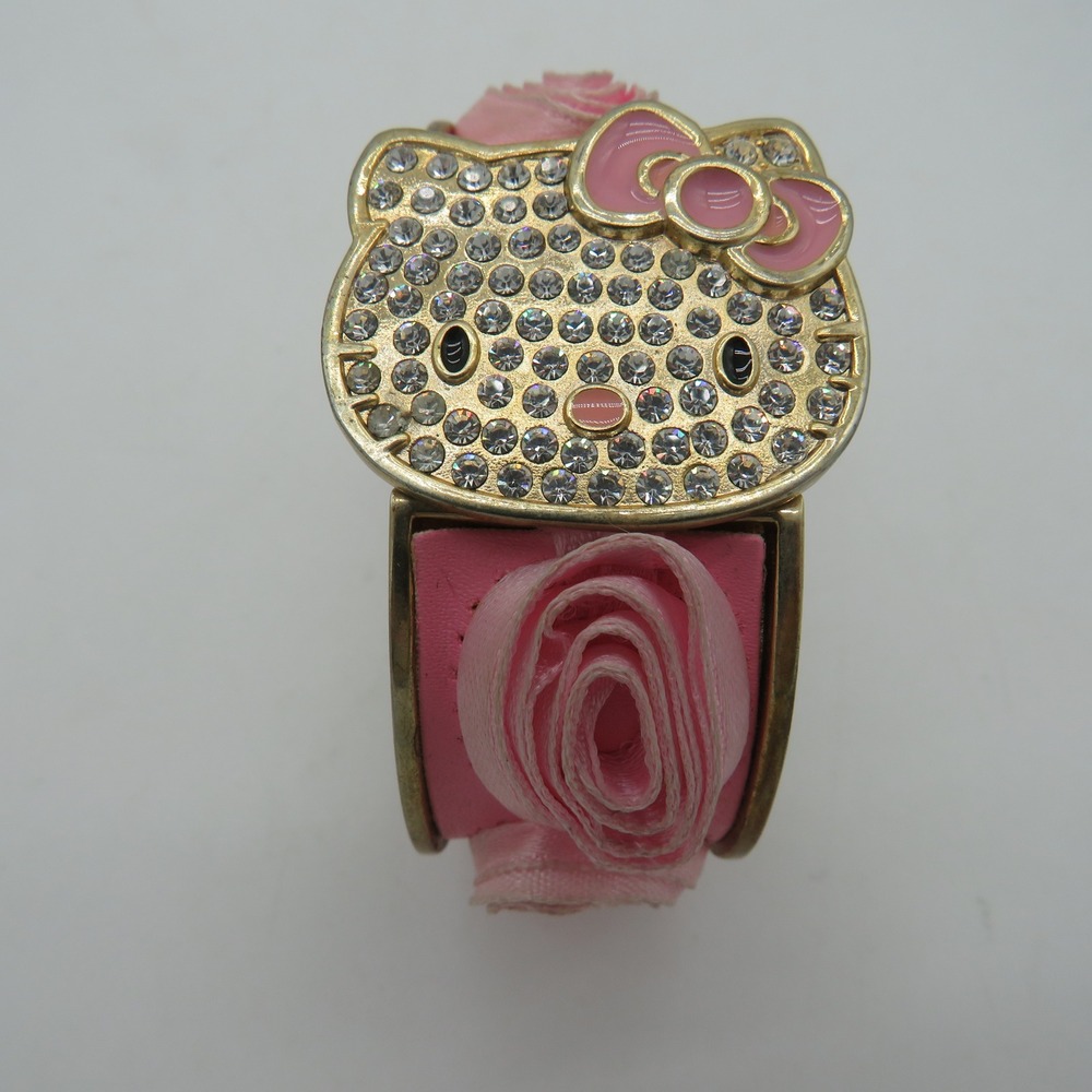Sanrio Hello Kitty Rhinestone Flip Top Bangle Watch Pink Rosette Gold Tone Y2K